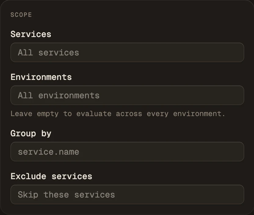 The Scope panel of the rule builder, with Services, Environments, Group by and Exclude services fields.