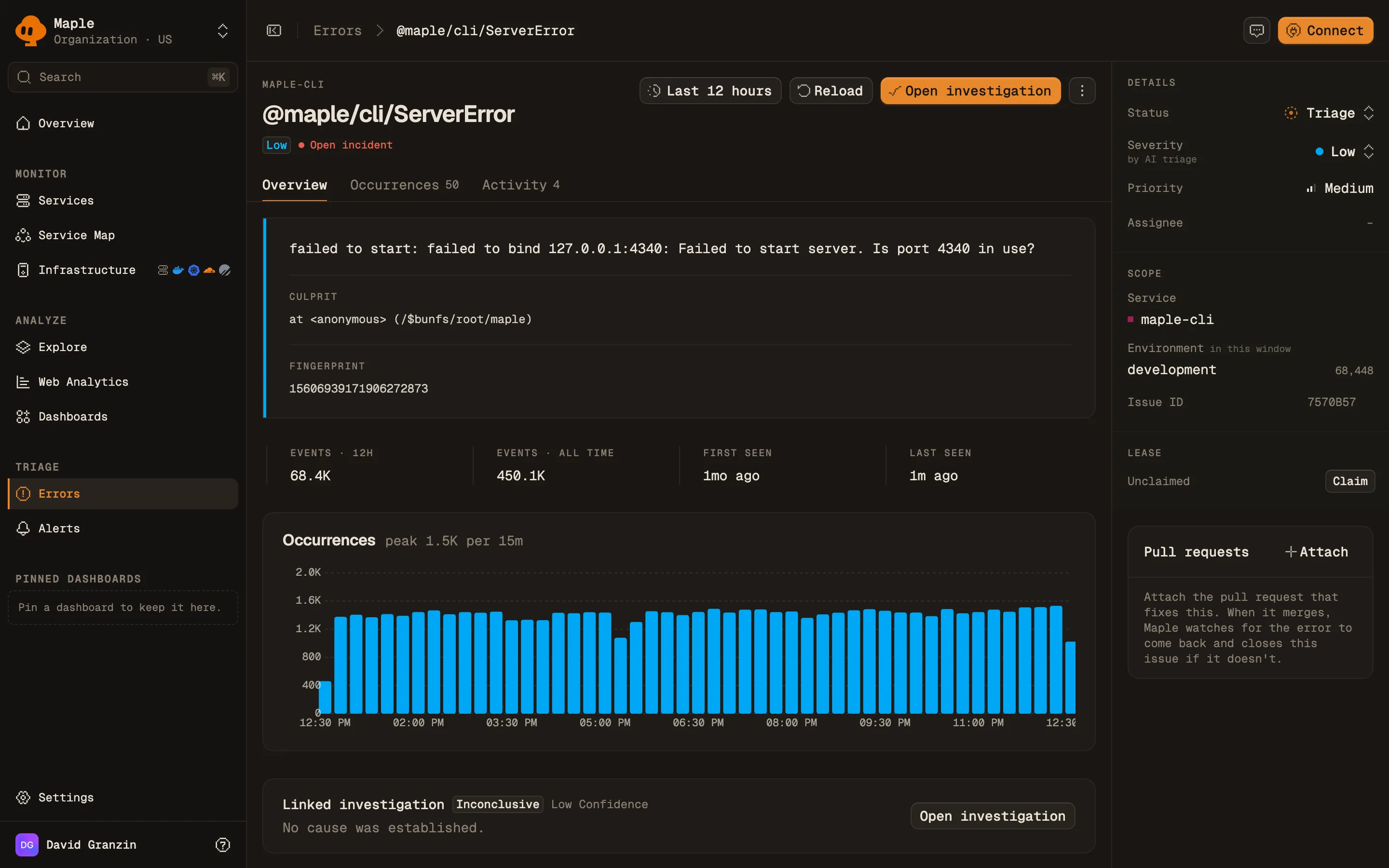 An issue page for @maple/cli/ServerError: the error message, culprit and fingerprint, event counts with first and last seen, an occurrences chart, a linked investigation, and a details panel with status, severity, priority, scope and pull requests.