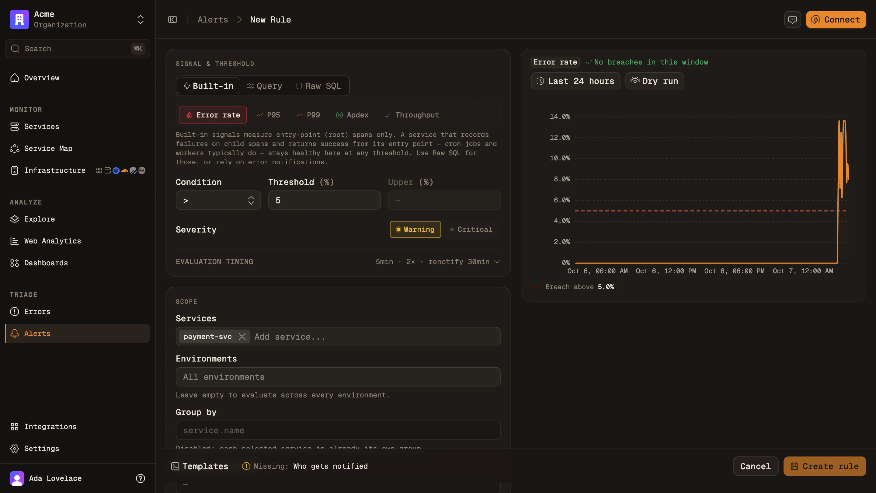 A high error rate rule on payment-svc, previewed against the last day of data