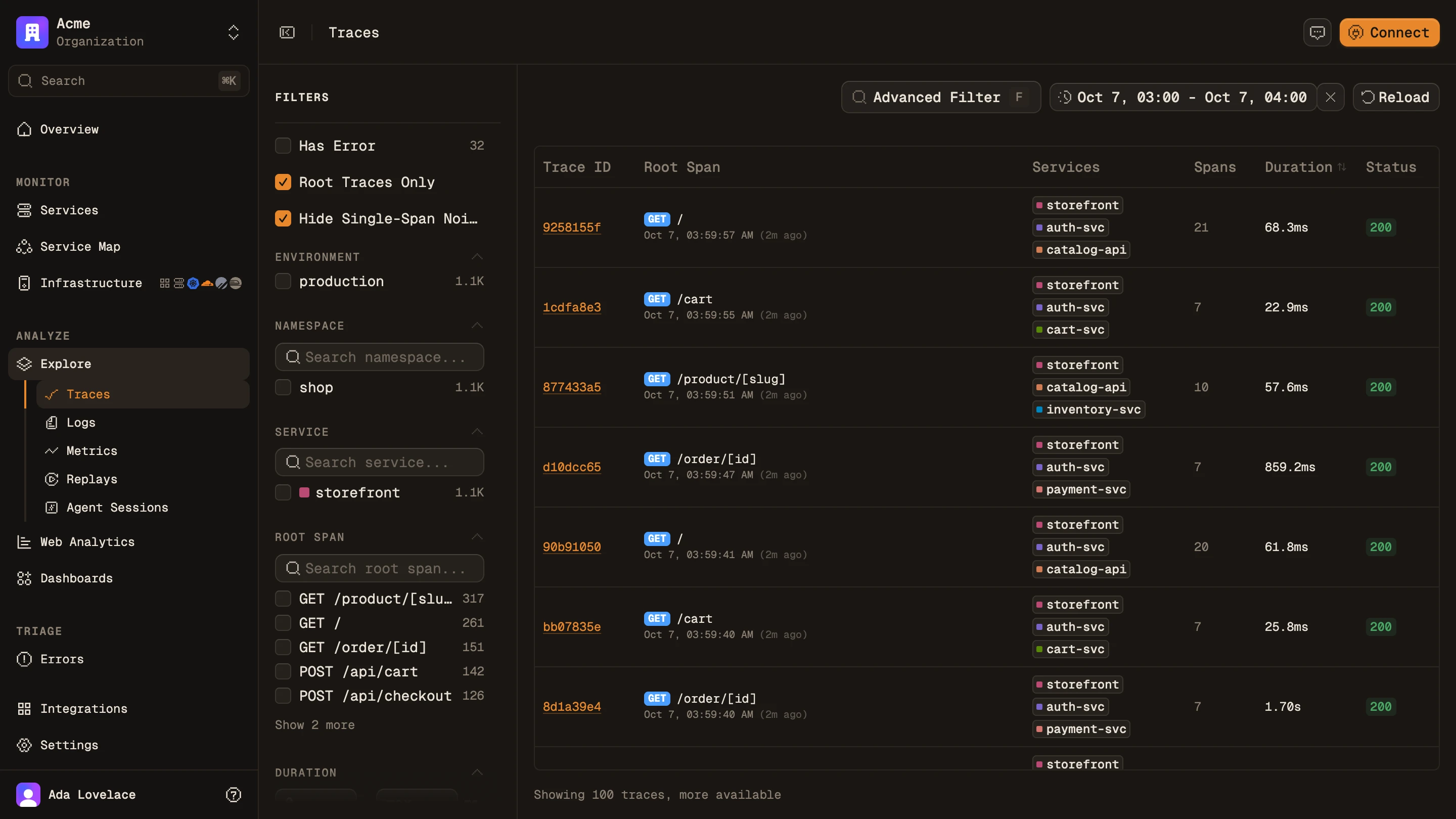 The trace list with one row per request, its services, span count, duration and status