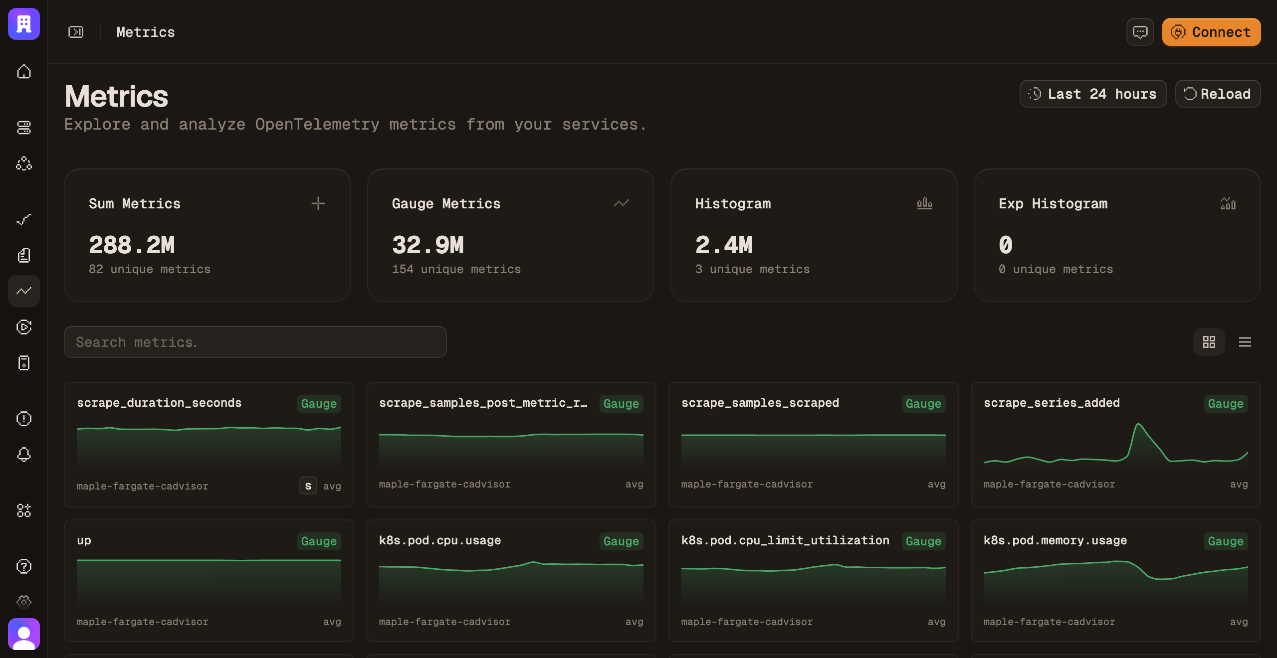 The metric explorer listing every metric with its type and cardinality